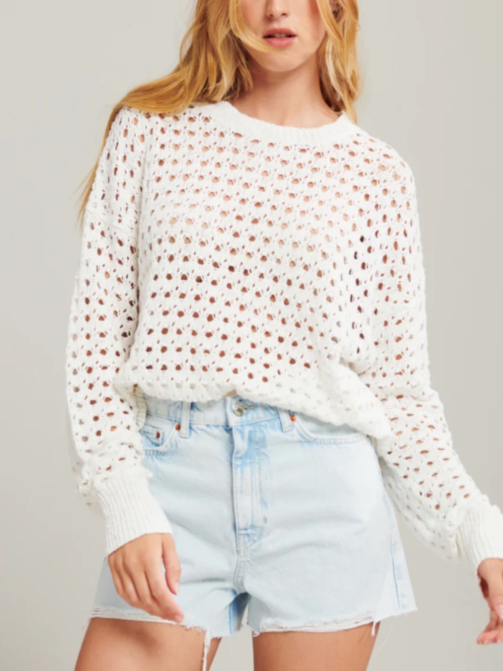 John + Jenn White Open-Knit Crewneck Sweater